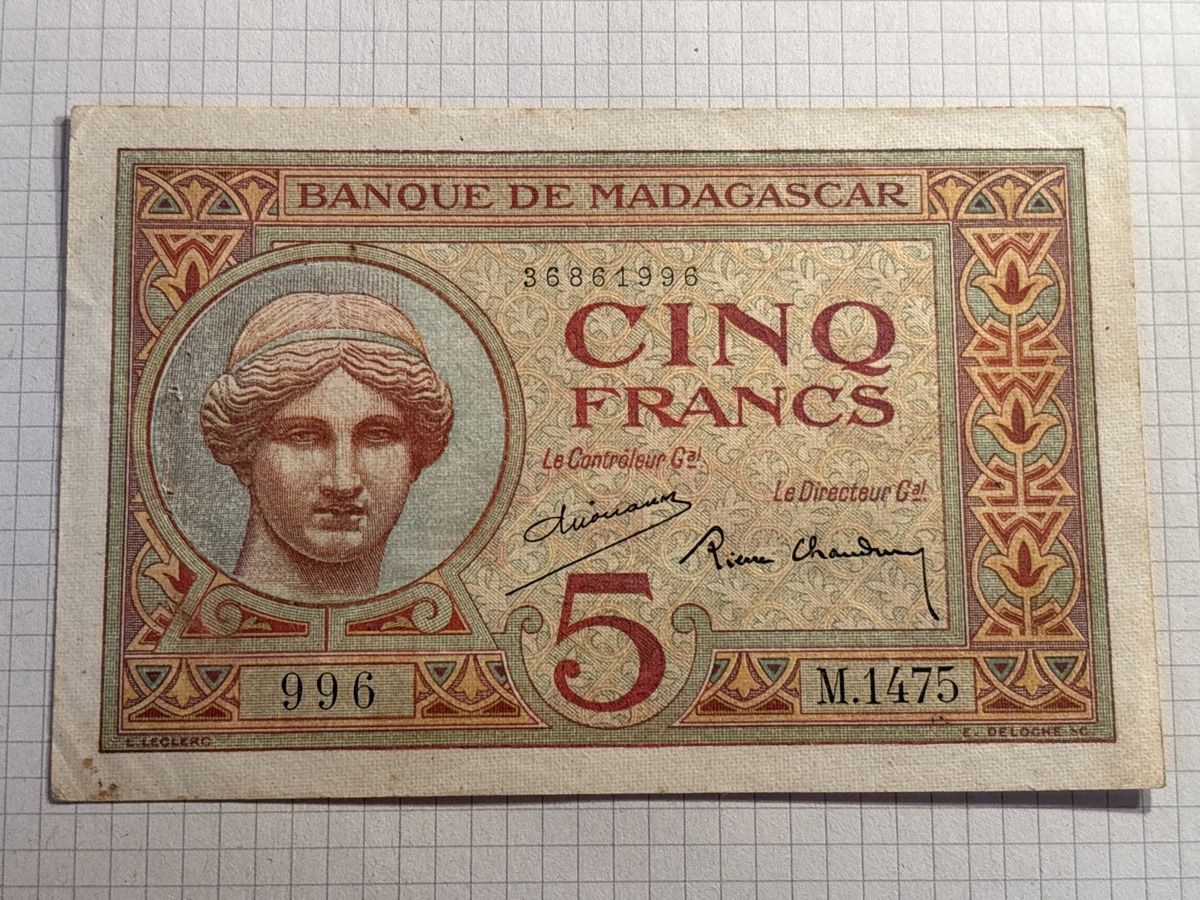 Banconote: Madagaskar 5 Francs Banknote, 1937, VF – Usato da Möhlin venduto da Don_Papa