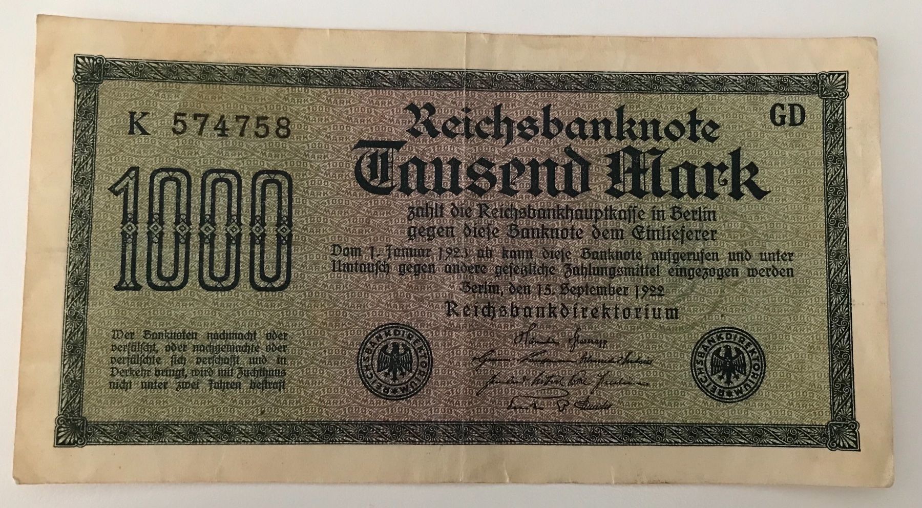 Banconote: Deutschland 1000 Mark 1922 – Usato da Algetshausen venduto da Carrhard