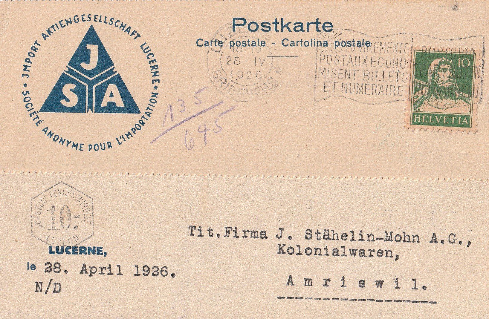 Cartoline postali: Luzern , Postkarte mit Reklame JSA-1926 – Usato da uttwil venduto da Koehlerfred