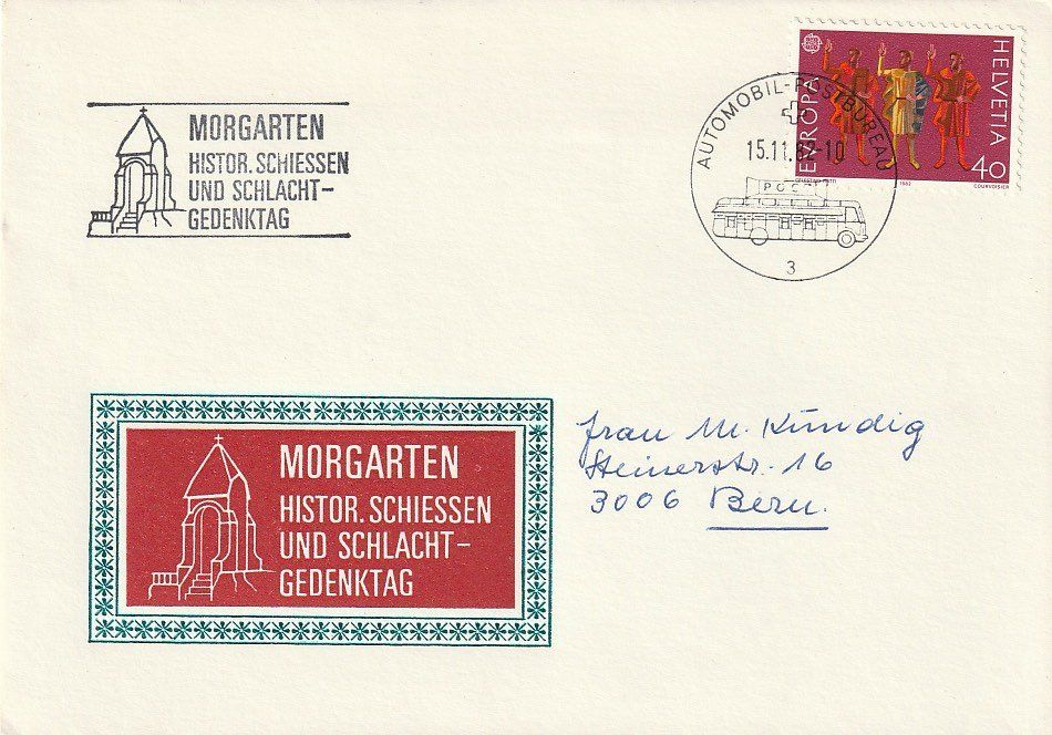 Tous les timbres: Brief: Hist. Schiessen+Gedenktag Morgarten, 15.11.1982 – D'occasion à Zürich par 1BJM5