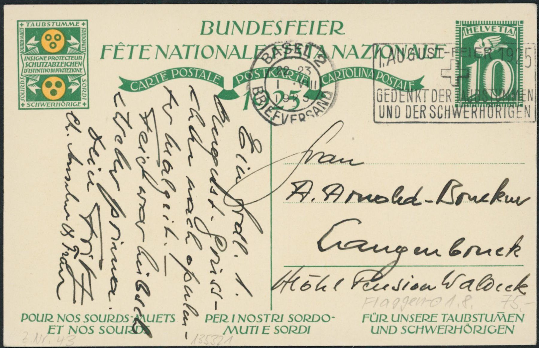 Tutti i francobolli: 1925 - Pro Patria - Bundesfeierkarten - 1. August - deutsch – Usato da Schindellegi venduto da leecollect