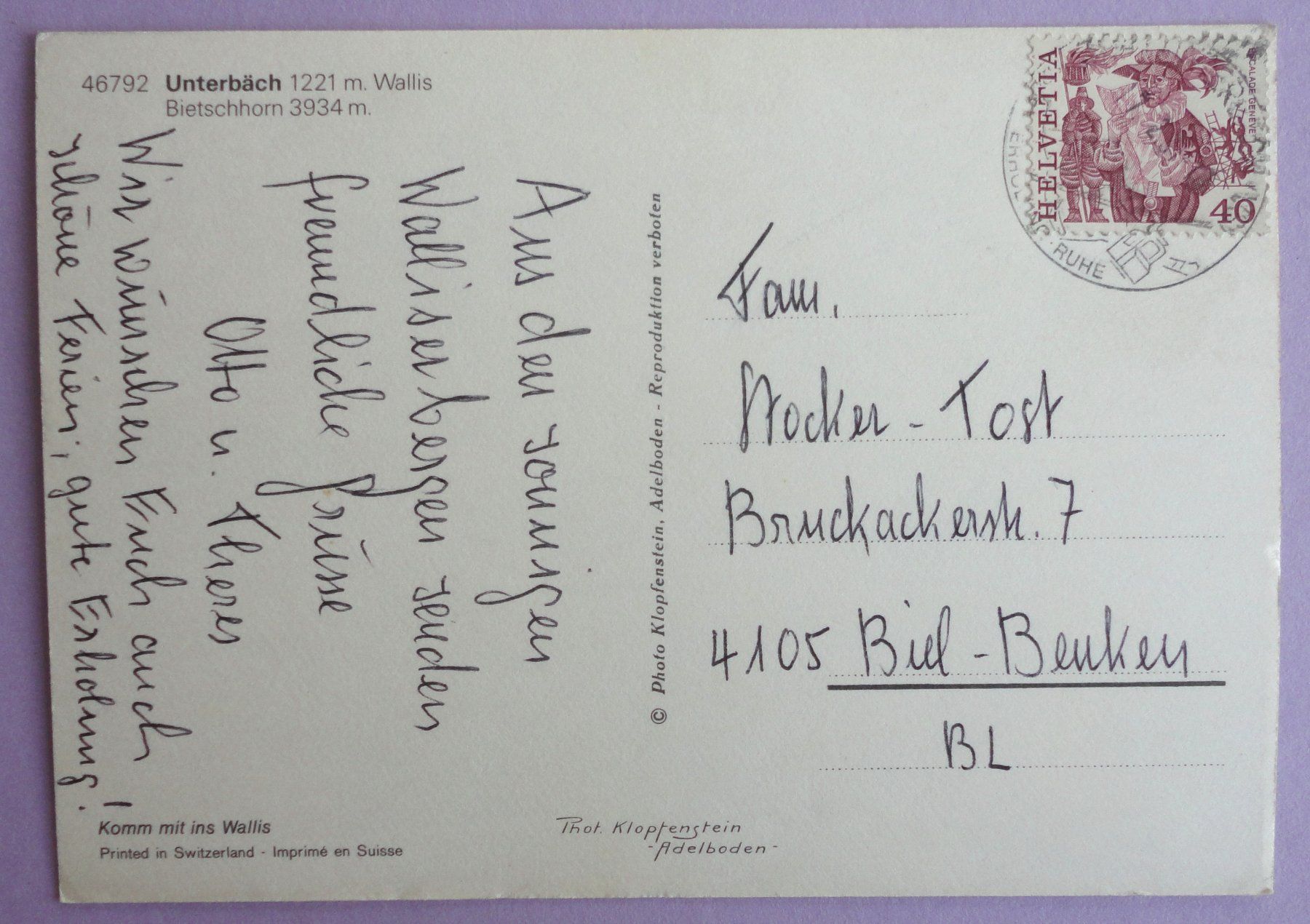 Cartes postales: Unterbäch 1221 m – D'occasion à Fétigny par Billy2miny 1