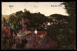 AK Burg /Bern, Rämel, Ortsansicht mit Burg auf Felsen