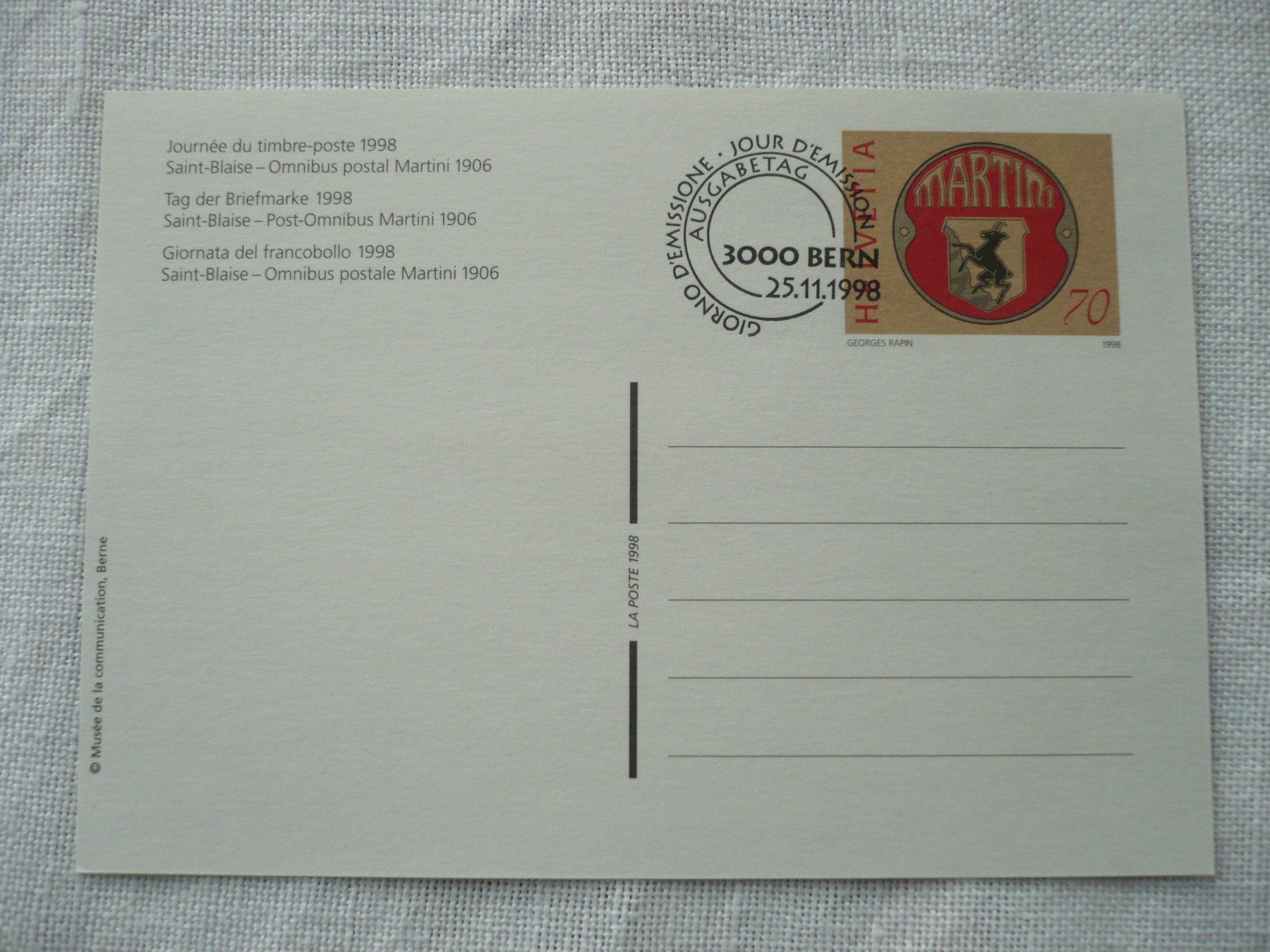 Tutti i francobolli: 1998 Postkarte Tag der Briefmarke ET – Usato da Zürich venduto da saltandpepper008 1