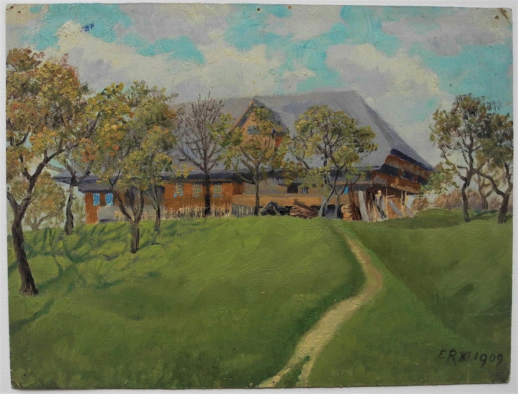 Dipinti: Hostet mit Berner Bauernhaus monogr./.dat. E.R.XI 1909 Antik – Usato da Wünnewil venduto da FineArt-NicePrice