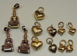 12 Stück Anhänger Herzen und Buddha 925 Silber vergoldet