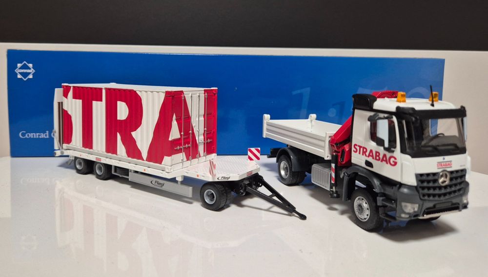 Mercedes 2-achs LKW, STRABAG Anhänger und Container 1:50 (Neu (gemäss ...