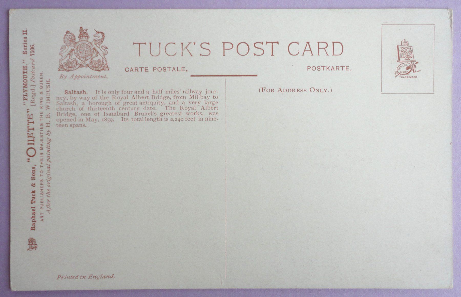 Cartoline postali: Plymouth, Saltash – Usato da Fétigny venduto da Billy2miny 1