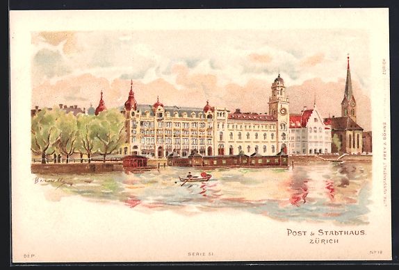 Ansichtskarten: Lithographie Zürich, Post, Stadthaus – Gebraucht aus Berlin von bartko-reher
