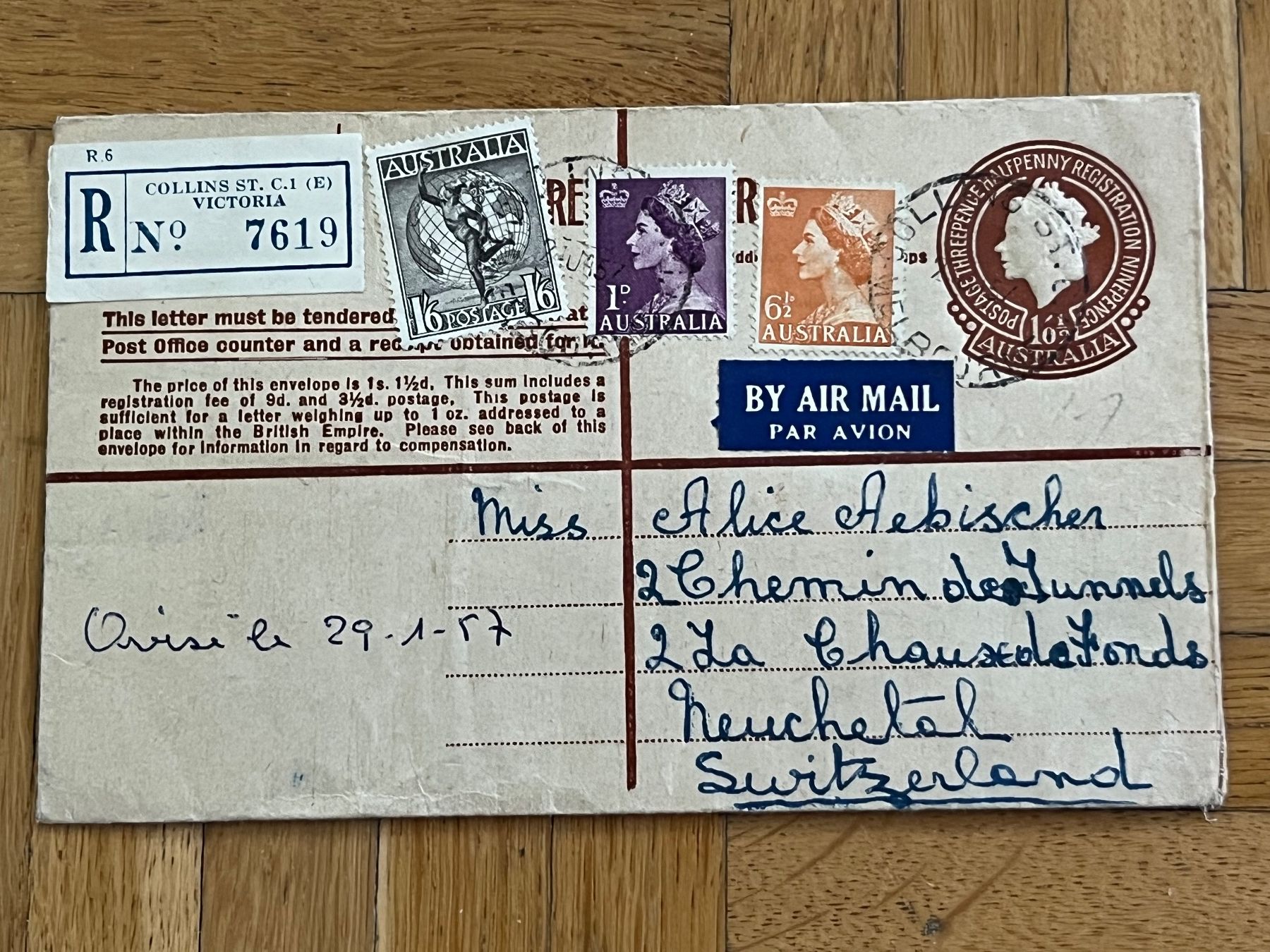 Tous les timbres: Brief Australien - Neuchâtel, 1957 – D'occasion à Romanshorn par luxcollect