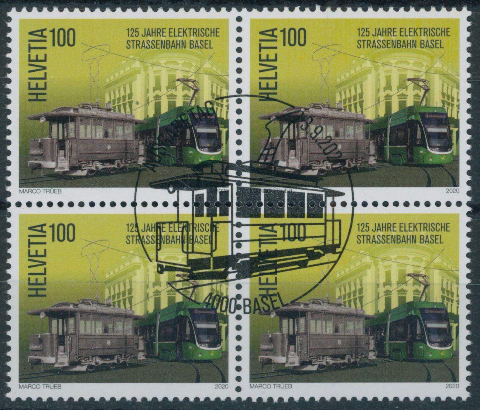 Tutti i francobolli: 2020 - Strassenbahn Basel - Viererblock - Ersttag Stempel ET – Usato da Schindellegi venduto da leecollect