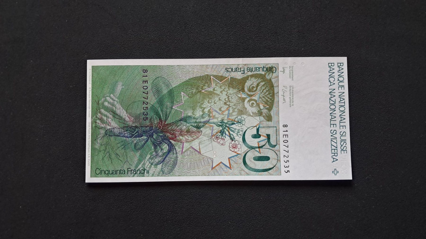 Banconote: Schweiz 50 Franken 1981 Bankfrisch – Nuovo e nell'imballaggio originale da Lufingen venduto da E-Auktion 1