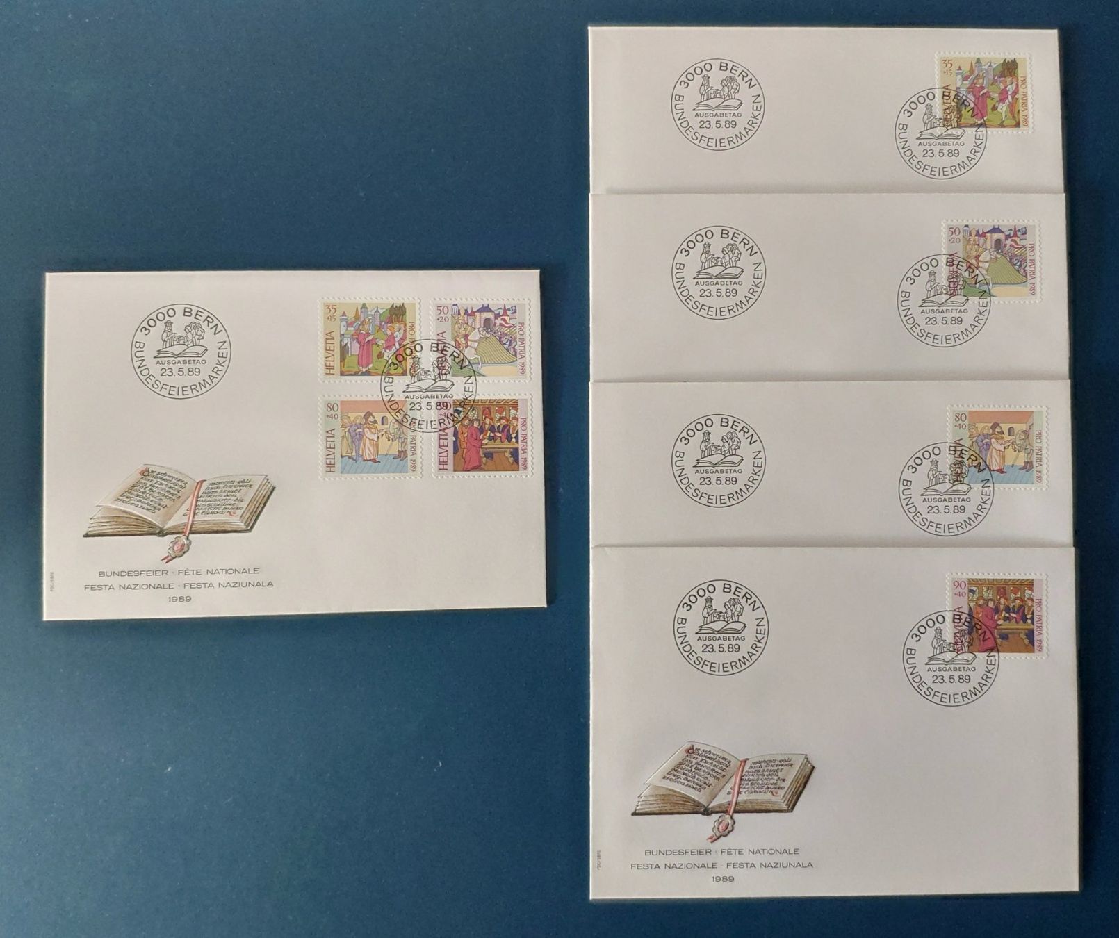 Alle Briefmarken: 5 FDC / Serie + Einzeln / Bundesfeiermarken / 23.5.89 Bern – Gebraucht aus Volketswil von Spacepanda