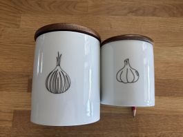Vorratsdosen Keramik Holz Zwiebel Knoblauch Set