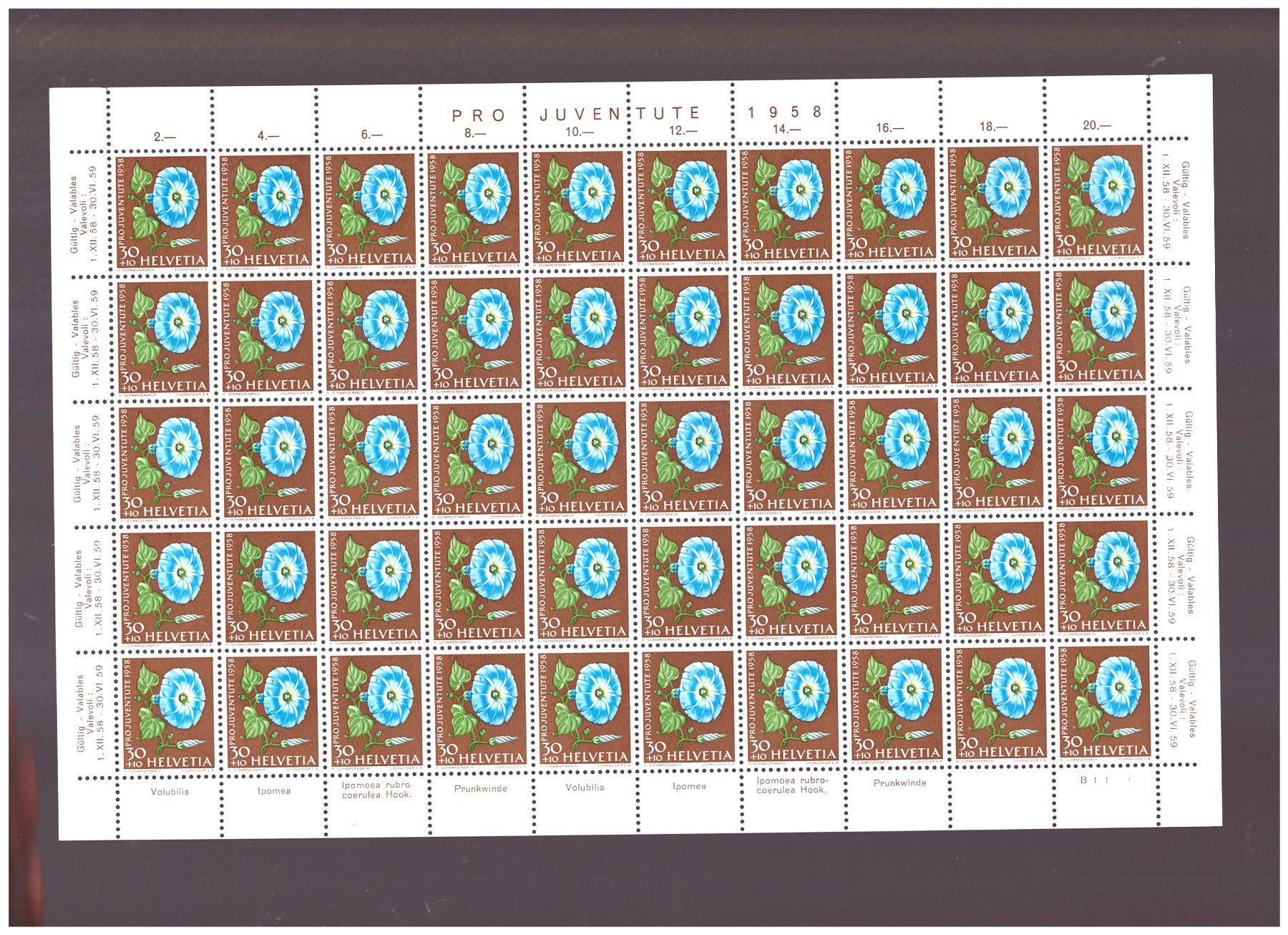 Alle Briefmarken: 1958 --- PRO JUVENTUTE BOGEN POSTFRISCH JE 50 STÜCK – Neu (gemäss Beschreibung) aus Dübendorf von Piero2 1