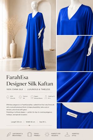 FarahEsa Designer Silk Kaftan – Electric Cobalt  A striking