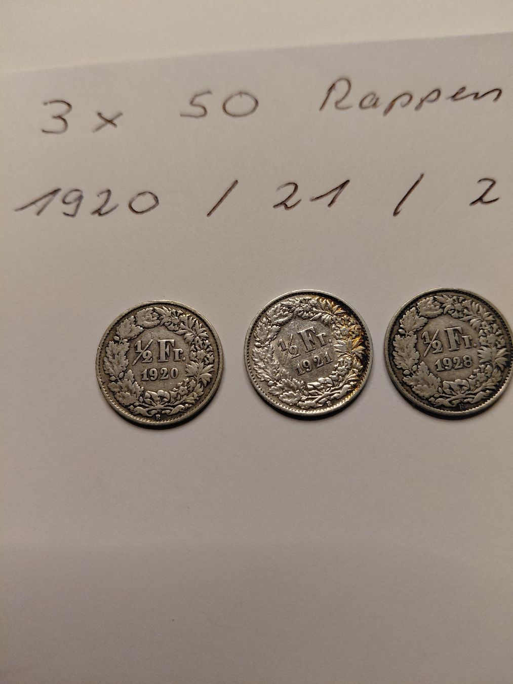 Alle Münzen: 3 x 50 Rappen silber 1920, 21, 28.      – Gebraucht aus Bonaduz von topolino052