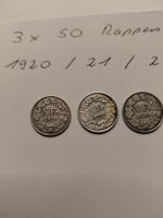 3 x 50 Rappen silber 1920, 21, 28.     
