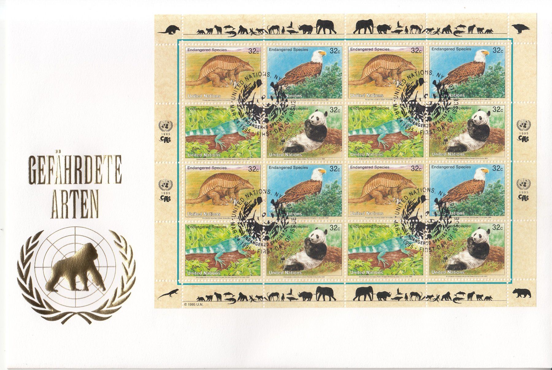 Tutti i francobolli: Gefährdete Arten, UNO 9 Grossbriefe 1993 - 1995 – Usato da Bürglen TG venduto da StampGraf 1