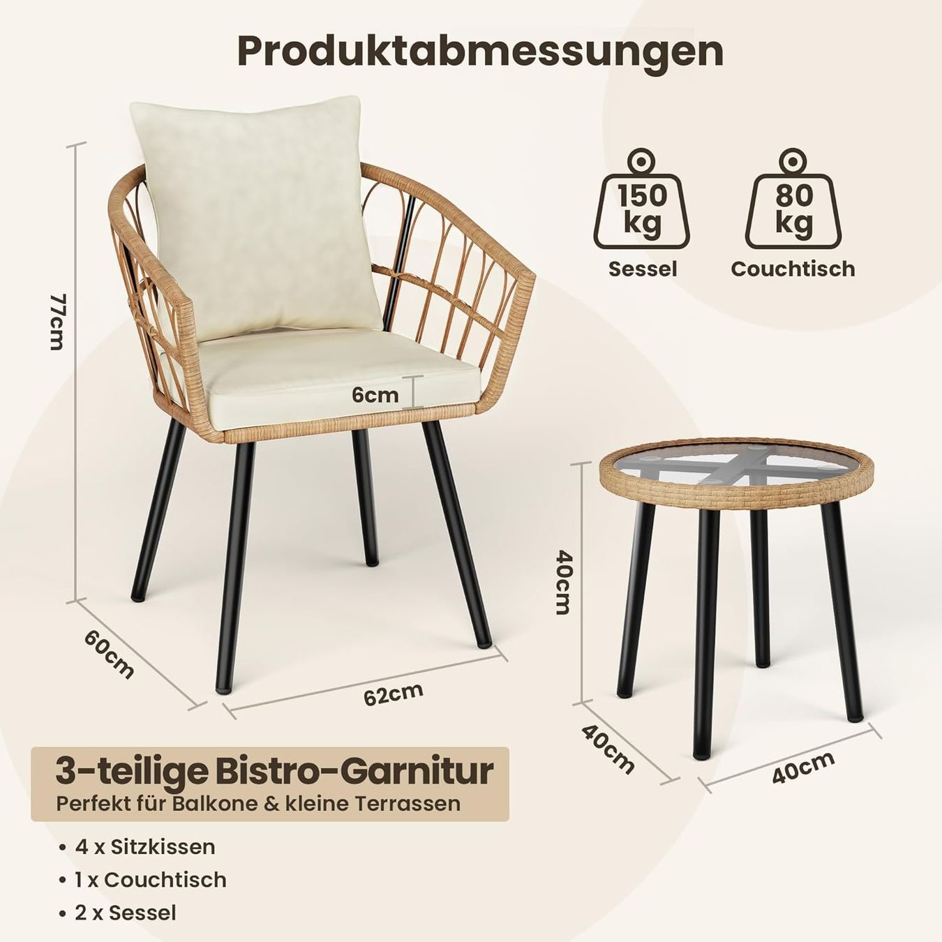 Set di tavolo e panche: 3-teiliges Rattan Balkonmöbel Set – Nuovo e nell'imballaggio originale da Gränichen venduto da omniadeals 6