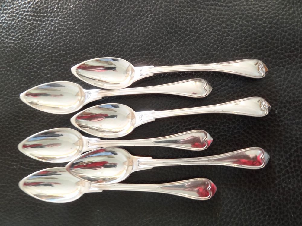 Lot De 6 Cuillères à Dessert Anciennes En Métal Argenté - 2 Poinçons Carrés