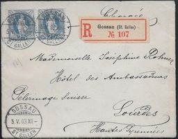 1903 Brief GOSSAU SG nach LOURDES F 73E Paar o sauber ab 1.-