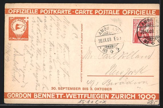 Ansichtskarten: Zürich, Gordon Bennet-Wettfliegen 1909, – Gebraucht aus Berlin von bartko-reher 1