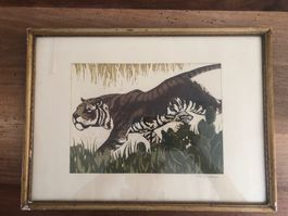 Tiger Lithographie aus den 20/30 Jahren..signiert / Art Deco