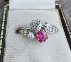 Antiker Gold Ring Diamant Pinker Saphir 750 18ct Platin