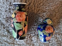 Miniaturvase und Dose floral gemustert, Porzellan,Puppenhaus