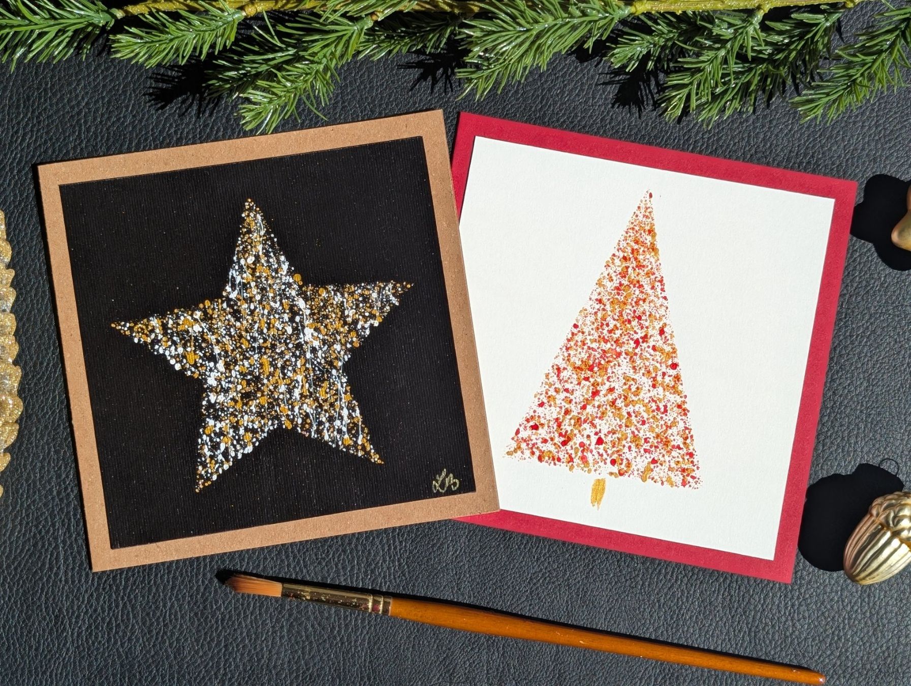 Karten: 2er Set Weihnachtsarten Handgemalt–Modern Stern & Tannenbaum – Neu und originalverpackt aus Winterthur von LaVieColor