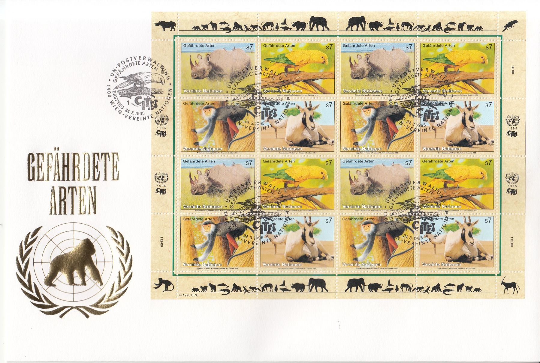 Tutti i francobolli: Gefährdete Arten, UNO 9 Grossbriefe 1993 - 1995 – Usato da Bürglen TG venduto da StampGraf 2