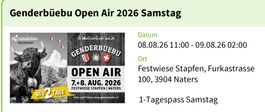Genderbüebu Open Air, 2 x Tagespass Samstag, 08.08.26