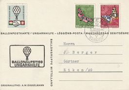 Ballonpostkarte Ungarnhilfe,16.12.1956, A.W. Diggelmann