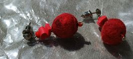 Handmade Fall Earrings: Red Felt, Wooly Balls