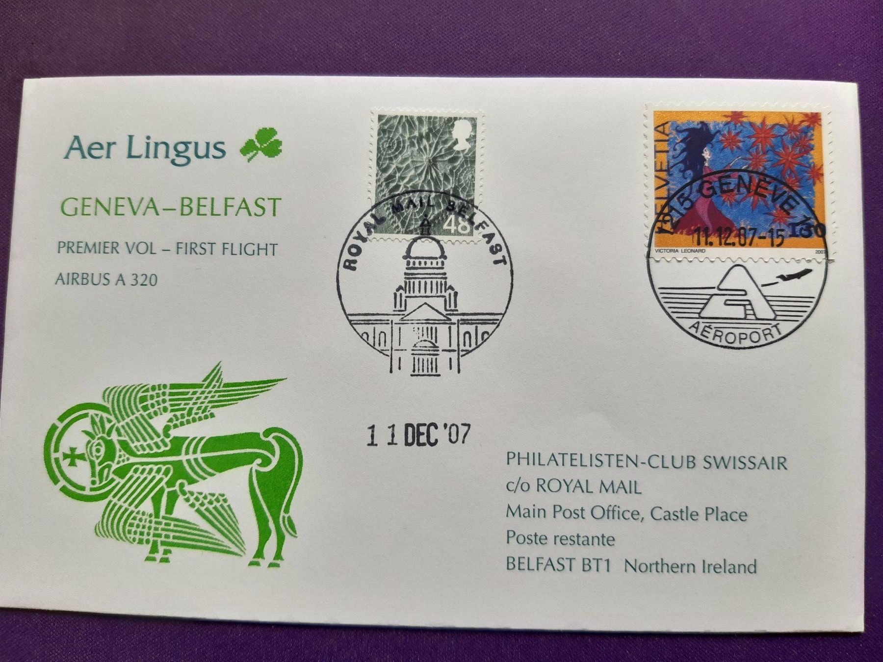 Tutti i francobolli: 2 Erstflugbriefe Genf - Belfast/Belfast - Genf 11.12.07 – Usato da Wangs venduto da weisstannen01 6