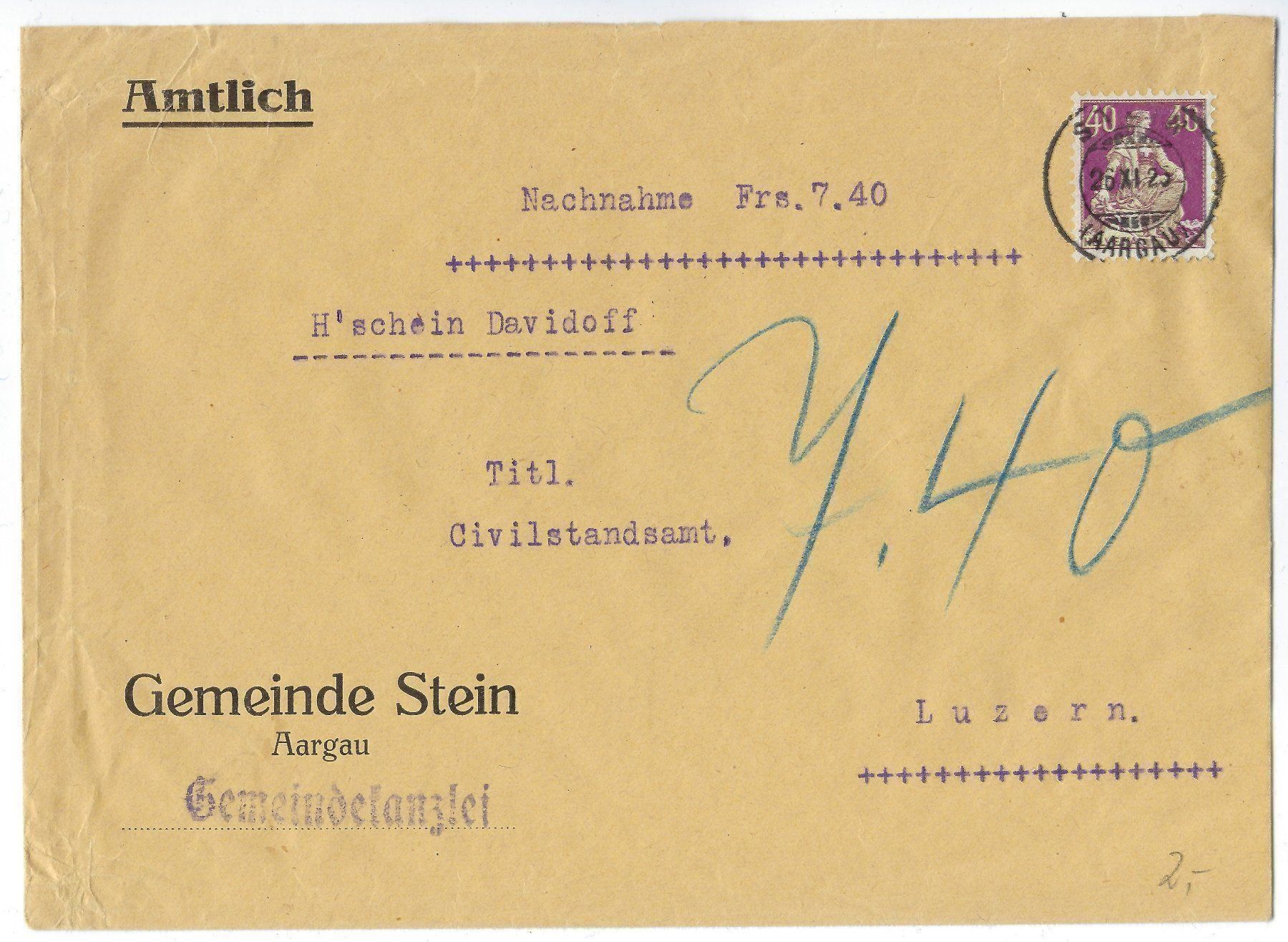 Tous les timbres: Nachnahme-Brief der Gemeinde Stein 1925 – D'occasion à Morgarten par mech58