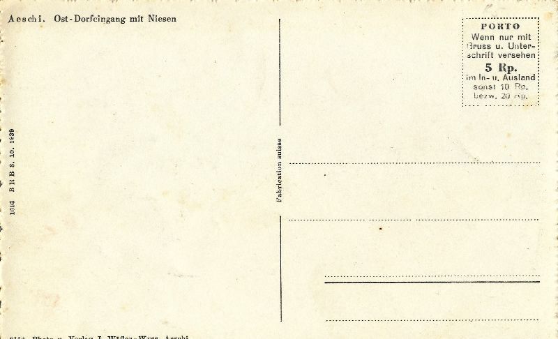 Cartoline postali: Aeschi - Ost Dorfeingang + 1939 – Usato da Emmenbrücke venduto da teestube 1
