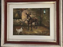 Ölgemälde Esel und Hund Original signiert, romantisch, mi...