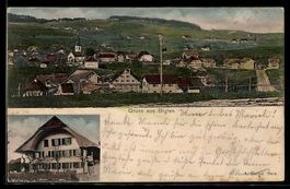AK Biglen, Gasthaus und Ortspanorama mit Kirche