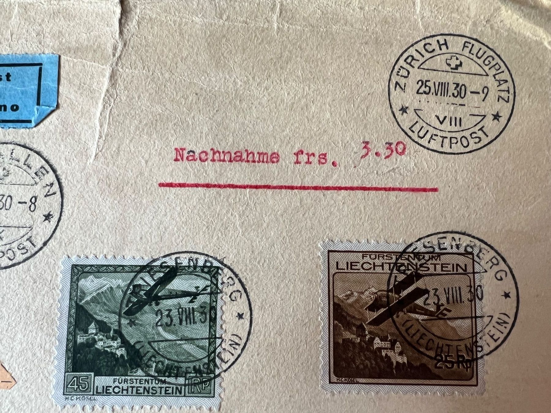 Tutti i francobolli: Luftpost, Brief, 1930, Triesenberg-Schweiz – Usato da Oberhasli venduto da Sicurezza 1