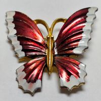 Broche Papillon Émaillée Rouge et Blanche Dorée C2