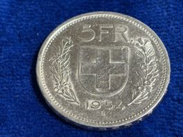 5.- Franken 1954, 835 Silber, 15 Gr.