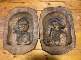 Holzschnitzerei zwei Wandbilder / Holzrelief je 40 x 28 cm