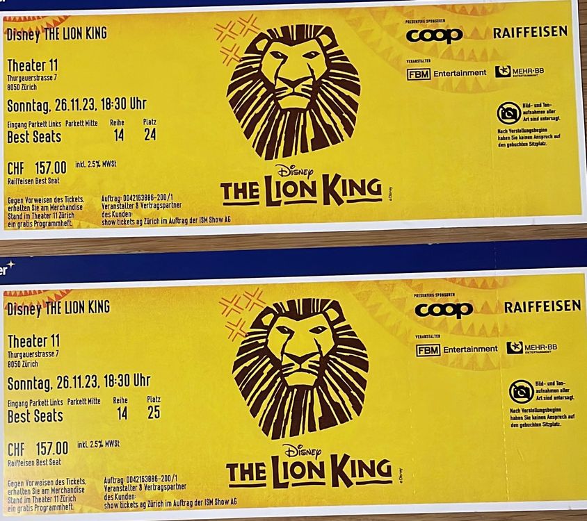 The Lion King Tickets !!Best Seats!! Kaufen auf Ricardo