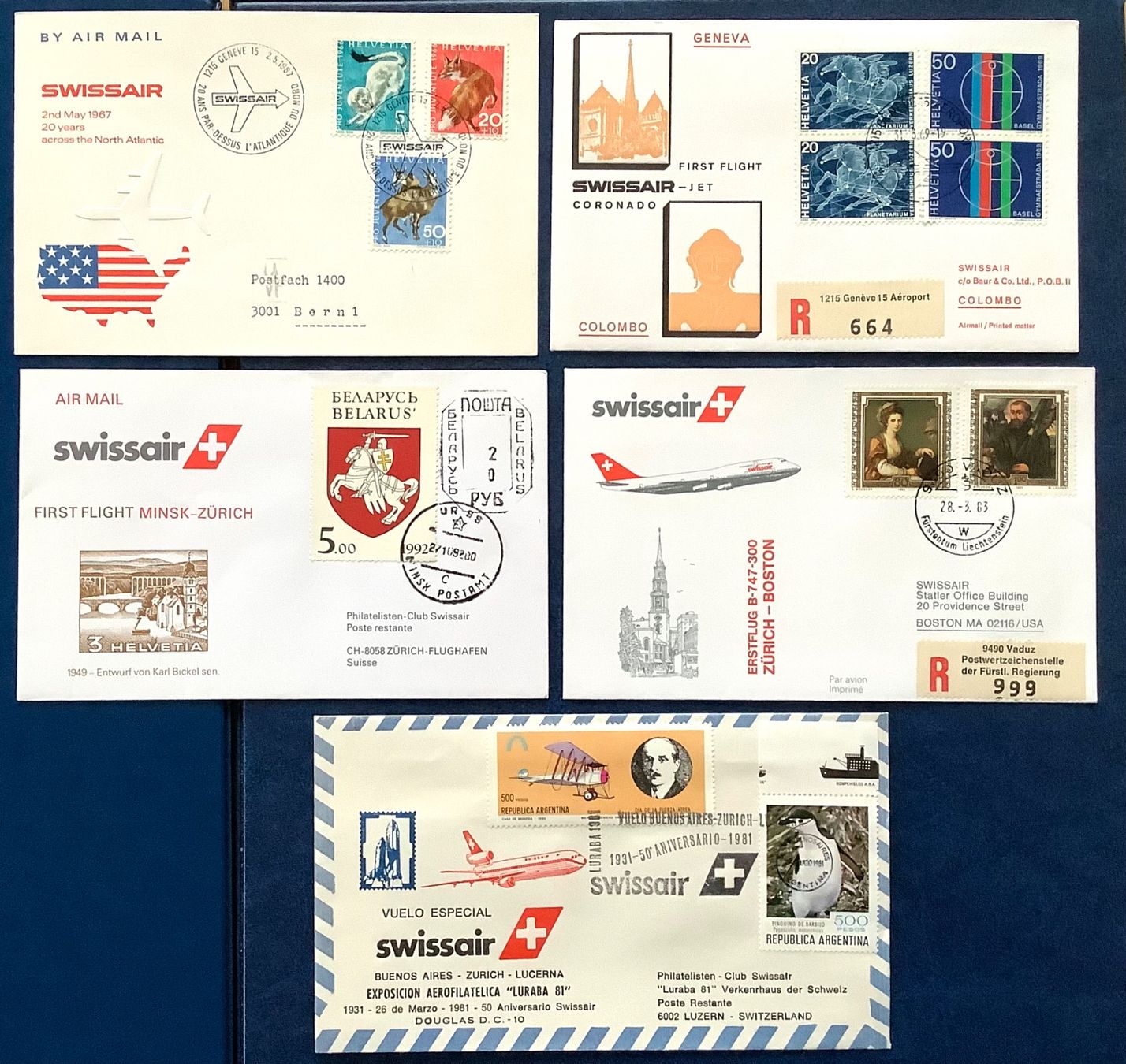 Alle Briefmarken: 1967 - 92  - 5 Briefe  Erstflug SWISSAIR – Neu (gemäss Beschreibung) aus Liestal von Skunk02