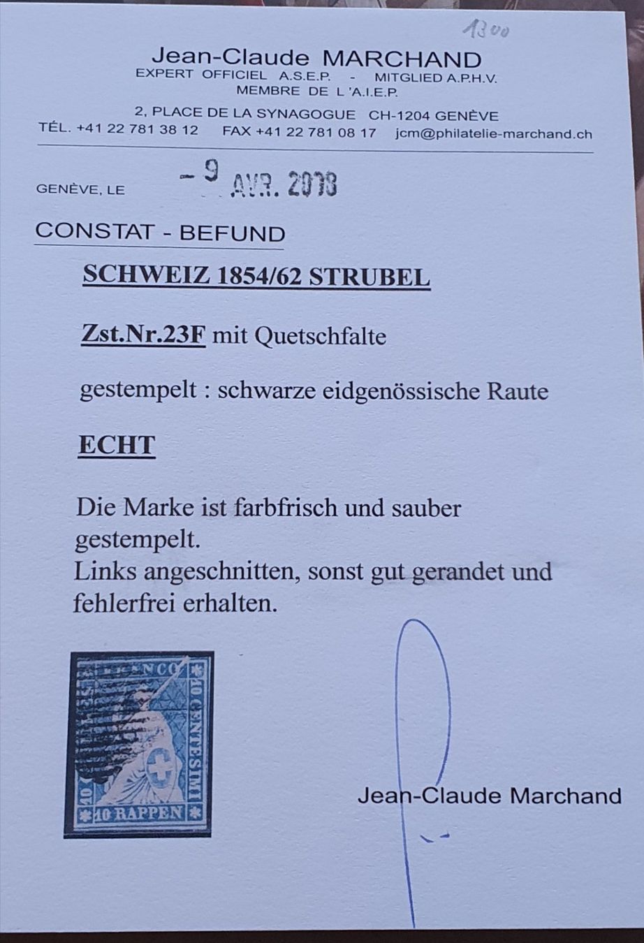 Tutti i francobolli: Strubel 23F mit Quetschfalte Attest – Usato da Balgach venduto da SIMEON27 2