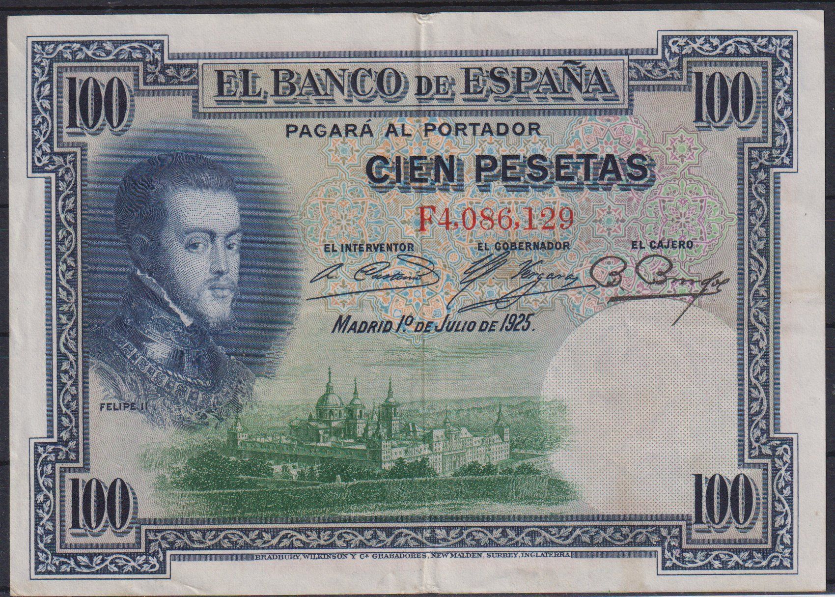 Banconote: Spanien 1925: 100 Pesetas Note – Usato da Eschlikon TG venduto da PhilCon