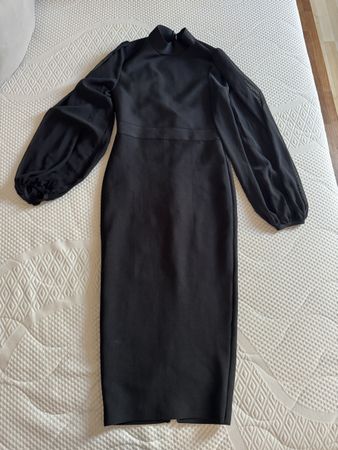 Karen Millen Black Midi Dress with Sheer Sleeves - S