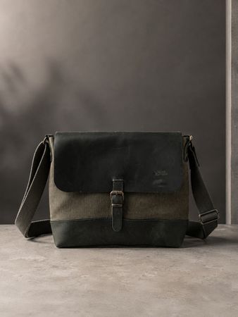 Unisex Umhängetasche Canvas Leder dunkelgrün neu